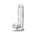 Clear 7-inch realistic dildo with textured base and suction cup for hands-free use.