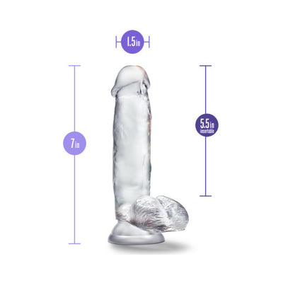 Clear 7-inch realistic dildo with suction cup base and detailed texture, measuring 1.5-inch width and 5.5-inch insertable length.