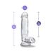 Clear 7-inch realistic dildo with suction cup base and detailed texture, measuring 1.5-inch width and 5.5-inch insertable length.