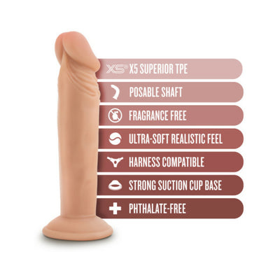 Vanilla-colored Dr. Skin Plus 6-inch posable dildo with suction cup base and key feature icons on the side.