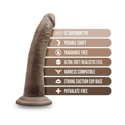 Chocolat 7-inch posable dildo with suction cup base and key features listed including X5 TPE, fragrance-free, and harness compatible.