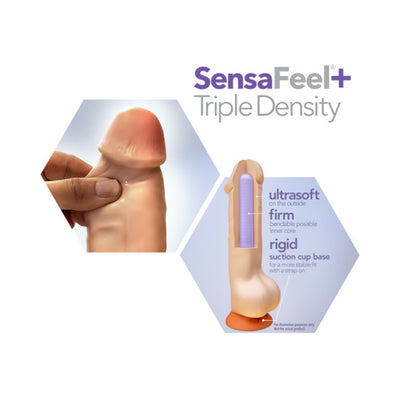 Close-up of a posable dildo showing soft outer texture and triple-density core with firm bendable inner core and suction cup base.