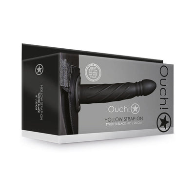 Packaging box of Ouch! Hollow Strap-On in twisted black design, 8-inch length with adjustable waistband.