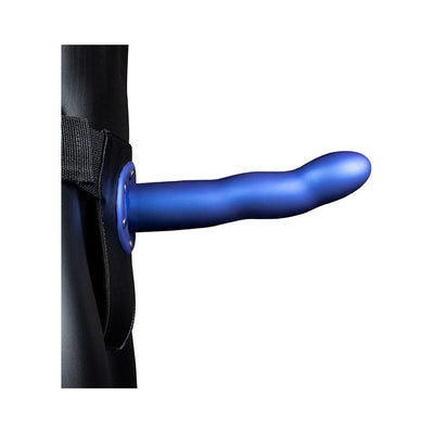 Blue curved hollow strap-on with adjustable black waistband displayed on mannequin side view.