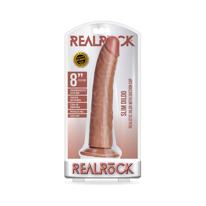 Tan 8-inch slim realistic dildo with suction cup base in clear packaging labeled RealRock.