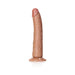 Tan 8-inch slim dildo with realistic veins and suction base for hands-free use or harness attachment.