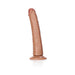 Tan 8-inch slim realistic dildo with suction base and subtle curve for G-spot stimulation.