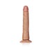 Tan slim 8-inch realistic dildo with suction base, detailed veins, and slightly curved shape for targeted stimulation.