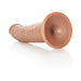 Tan slim 8-inch realistic dildo with suction cup base lying on reflective surface.