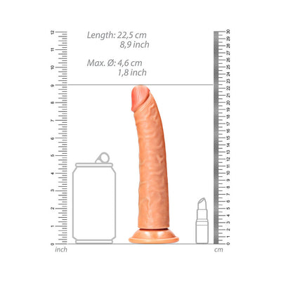 Tan 8.9-inch slim dildo with suction base, realistic texture and slight curve, shown with size comparison and measurements.
