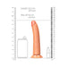 Tan 8.9-inch slim dildo with suction base, realistic texture and slight curve, shown with size comparison and measurements.