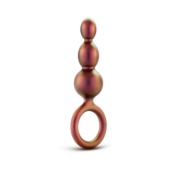 Copper-colored anal plug with three graduated beads and a loop handle for easy removal.