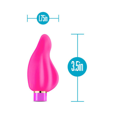 Compact fuchsia pink curved vibrator measuring 3.5 by 1.75 inches with smooth silicone finish and gold accent base.