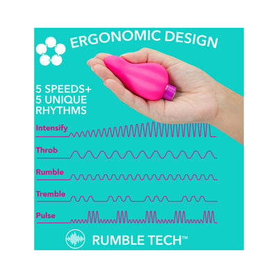 Hand holding compact fuchsia vibrator with ergonomic design and 5 speeds plus 5 unique vibration rhythms shown on turquoise background.