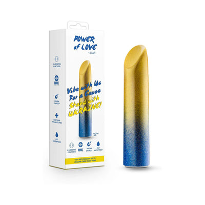 Blush Power of Love Bullet vibrator in yellow and blue gradient with packaging highlighting Ukraine Crisis Relief support.