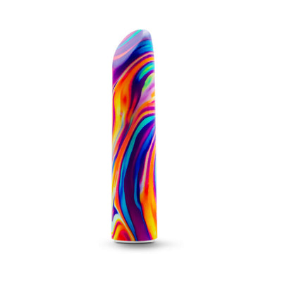 Compact vibrator with a vibrant, swirling rainbow pattern and smooth satin finish on a white background.