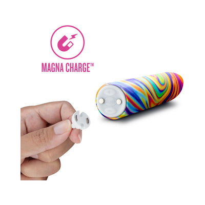 Hand holding magnetic charging adapter near colorful Limited Addiction Psyche Power Vibe with Magna Charge logo above.