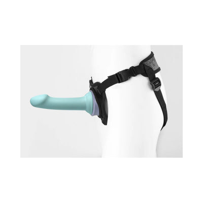 Black adjustable strap-on harness with a light blue silicone attachment on a white mannequin side view.