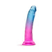 7-inch B Yours Beautiful Sky dildo with gradient pink to blue color and suction cup base on white background