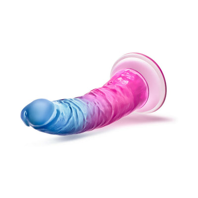 Colorful 7-inch B Yours Beautiful Sky dildo with blue to pink gradient and suction cup base on white background.