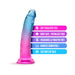 Colorful gradient dildo with suction cup base highlighting soft feel, body-safe, fragrance-free, harness compatible features.