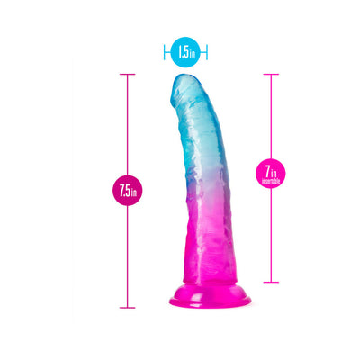 Colorful 7.5-inch dildo with suction base, measuring 1.5-inch width and 7-inch insertable length in blue to pink gradient.