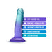 Gradient blue and purple 5-inch dildo with suction cup base and features listed including body safe and harness compatible.