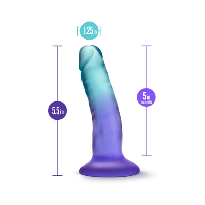 Gradient sapphire dildo with suction base, 5.5 inches long and 1.25 inches wide, shown with size measurements.