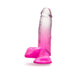 Fuchsia gradient realistic dildo with suction cup base and textured detail at the base for hands-free use.
