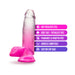 Fuchsia gradient dildo with suction cup base and text highlighting soft feel, body safe, fragrance free, harness compatible features.
