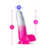 Fuchsia and clear 7-inch dildo with suction cup base and detailed texture, showing dimensions and insertable length.