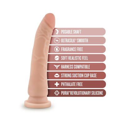 Vanilla-colored realistic silicone dildo with suction cup base and key features listed alongside.