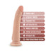 Vanilla-colored realistic silicone dildo with suction cup base and key features listed alongside.