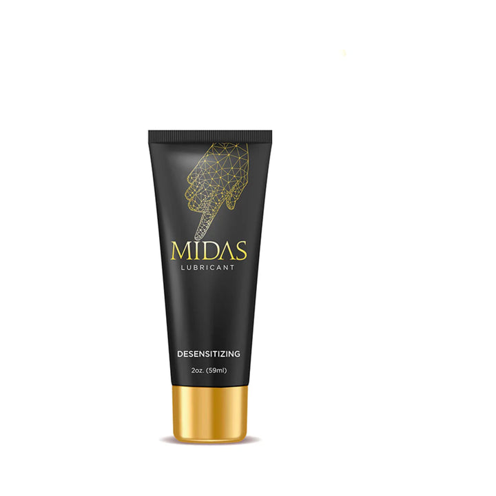 Midas Desensitizing Lubricant tube with black and gold design, 2oz size, featuring a geometric hand graphic.