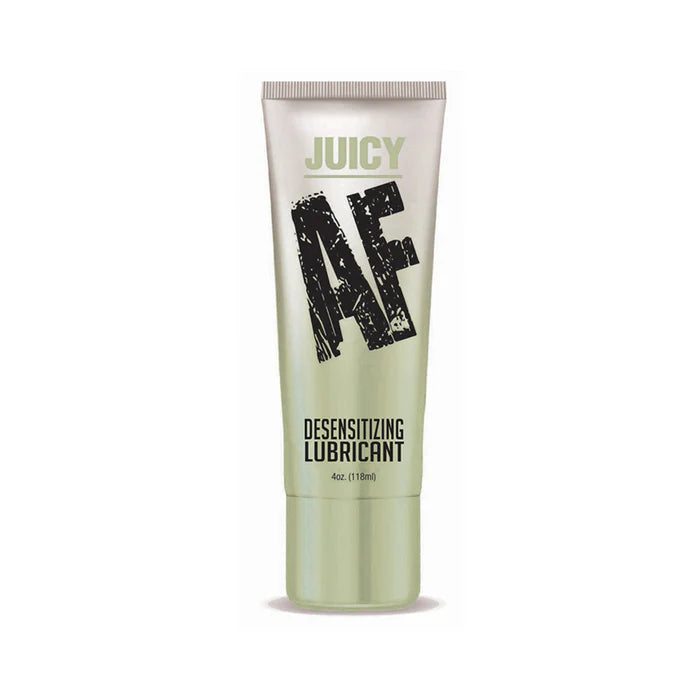 Tube of Juicy AF desensitizing gel lubricant with a sleek silver and green design, 4 oz size.