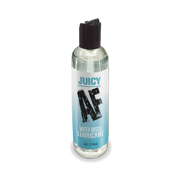 Clear 4oz bottle of Juicy AF water-based lubricant with black flip cap and blue label design.
