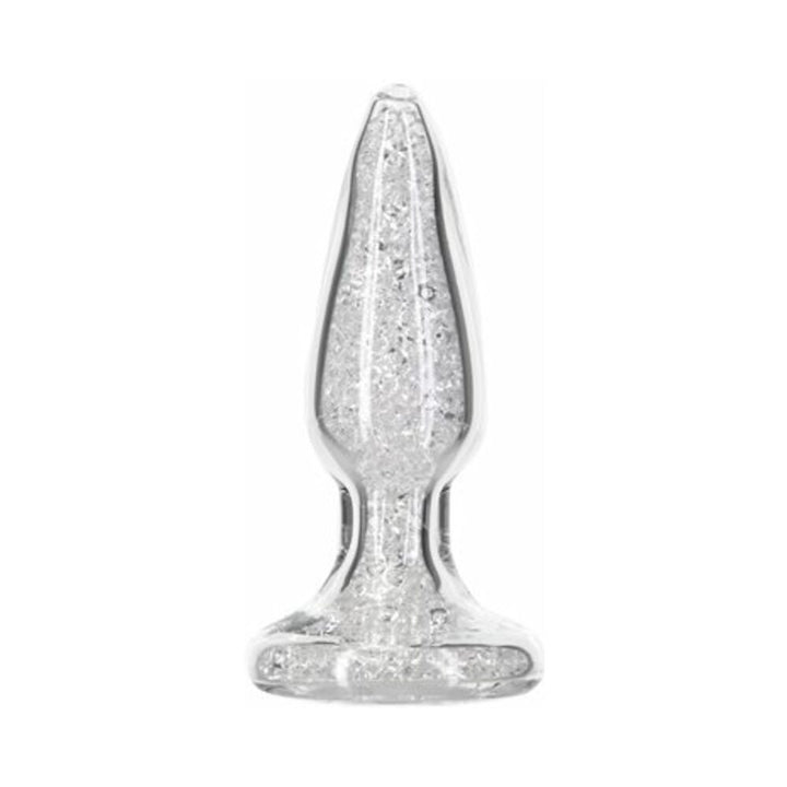 Clear glass anal plug with embedded sparkling beads and a wide gem-shaped base for comfort and style.