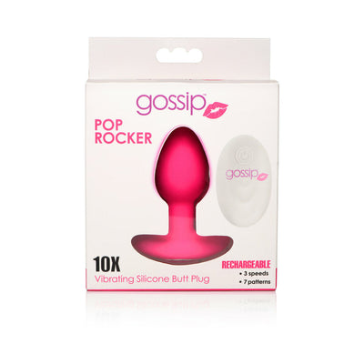 Packaging of Gossip Pop Rocker rechargeable silicone vibrating butt plug with remote control shown on white background.