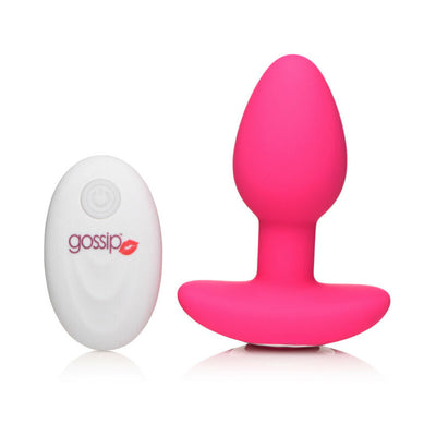 Vibrant pink silicone butt plug with wide base and white wireless remote control with power button and logo.