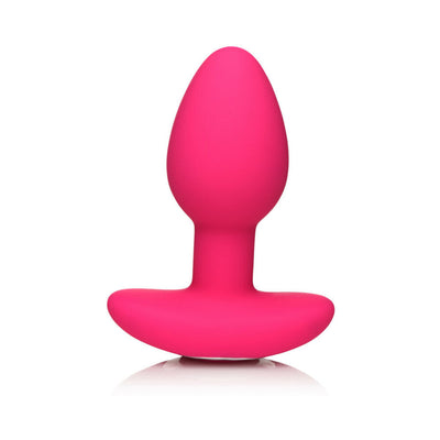 Vibrant pink silicone butt plug with a wide base, smooth surface, and tapered tip for comfortable use.
