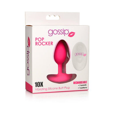 Packaging of Gossip Pop Rocker rechargeable pink silicone vibrating butt plug with remote control shown.