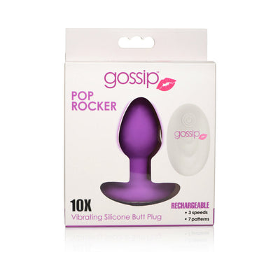Packaging of Gossip Pop Rocker rechargeable purple silicone butt plug with remote control shown on white background.