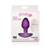 Packaging of Gossip Pop Rocker rechargeable purple silicone butt plug with remote control shown on white background.