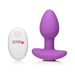 Vibrant violet silicone butt plug with wide base and white wireless remote control featuring power button and logo.