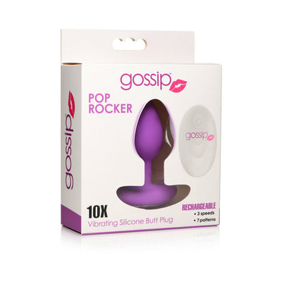 Packaging of the Gossip Pop Rocker rechargeable purple silicone vibrating butt plug with remote control shown.