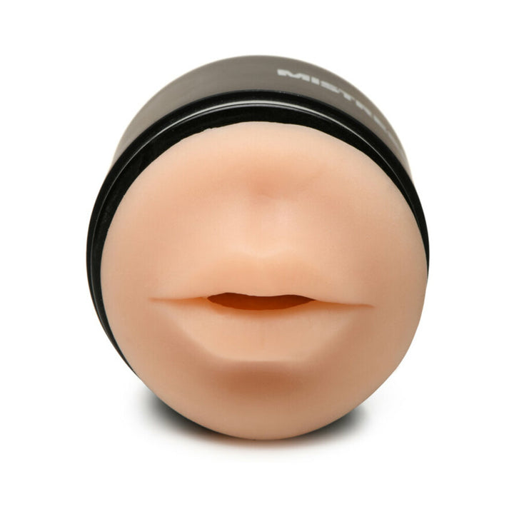 Compact dual-ended male stroker with lifelike mouth design in light skin tone and black casing.