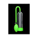 Glow in the dark green classic penis pump with clear cylinder and squeeze bulb on black background