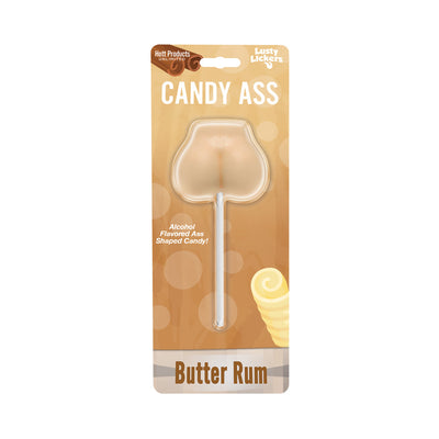 Butter Rum flavored lollipop shaped like a playful butt, packaged on a tan card with Lusty Lickers branding.