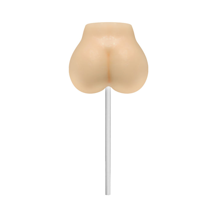Butter Rum flavored lollipop shaped like a playful rounded form on a white stick against a white background.