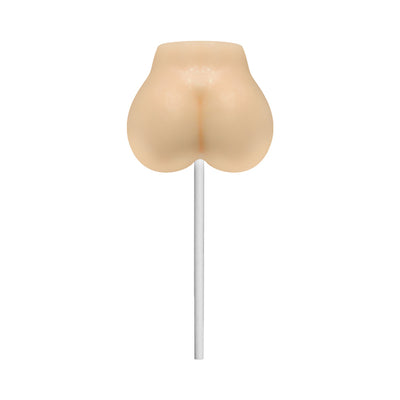 Butter Rum flavored lollipop shaped like a playful rounded form on a white stick against a white background.